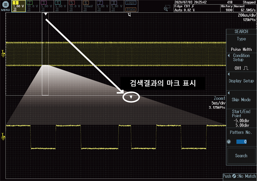 펄스 폭 조건으로 파형을 검색하고 마크를 표시한 화면