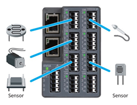 요꼬가와 VZ20X 8채널 멀티 센싱 리모트 I/O 유닛에 센서 5종을 연결한 모습