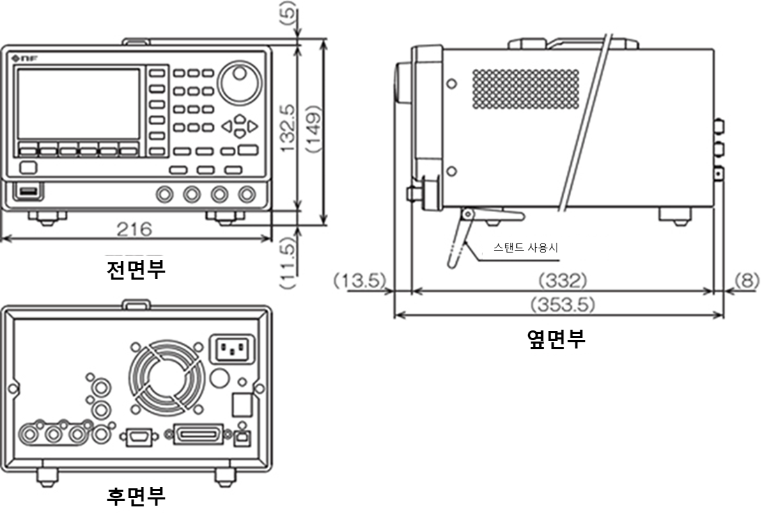 WF1967/WF1968 본체의 전면, 측면, 후면 치수도