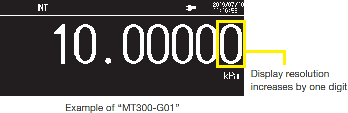 MT300-G01에서 /R1 옵션 적용 시 표시 분해능이 한 자리 늘어난 10.00000kPa 표시 예