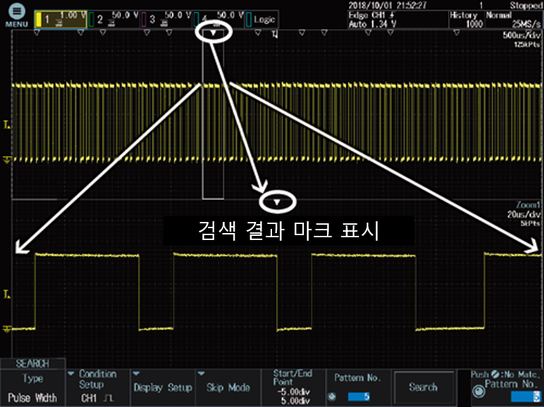 검색 결과 위치를 파형 위에 마크로 표시한 화면