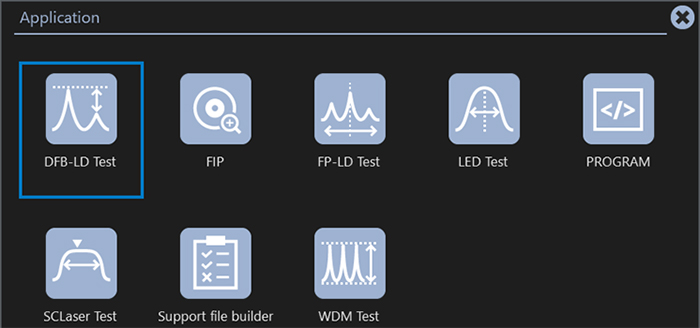 DFB-LD, FIP, FP-LD, LED, SCLaser, WDM 테스트 앱이 표시된 어플리케이션 메뉴