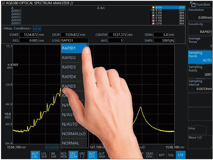 터치스크린으로 RAPID 감도 모드를 선택하는 화면