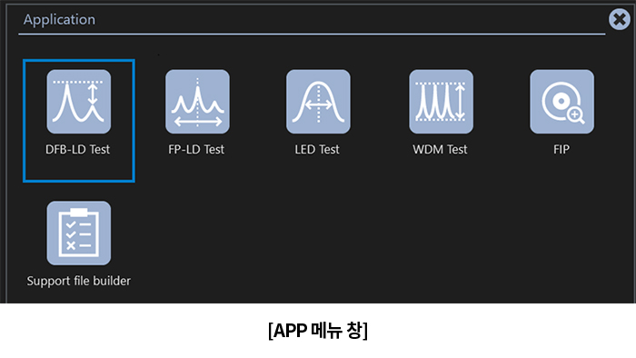 DFB-LD, FP-LD, LED, WDM 테스트 아이콘이 표시된 APP 메뉴 화면