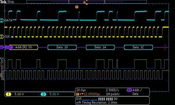 텍트로닉스 MDO3014 I2C 시리얼 디코드 화면