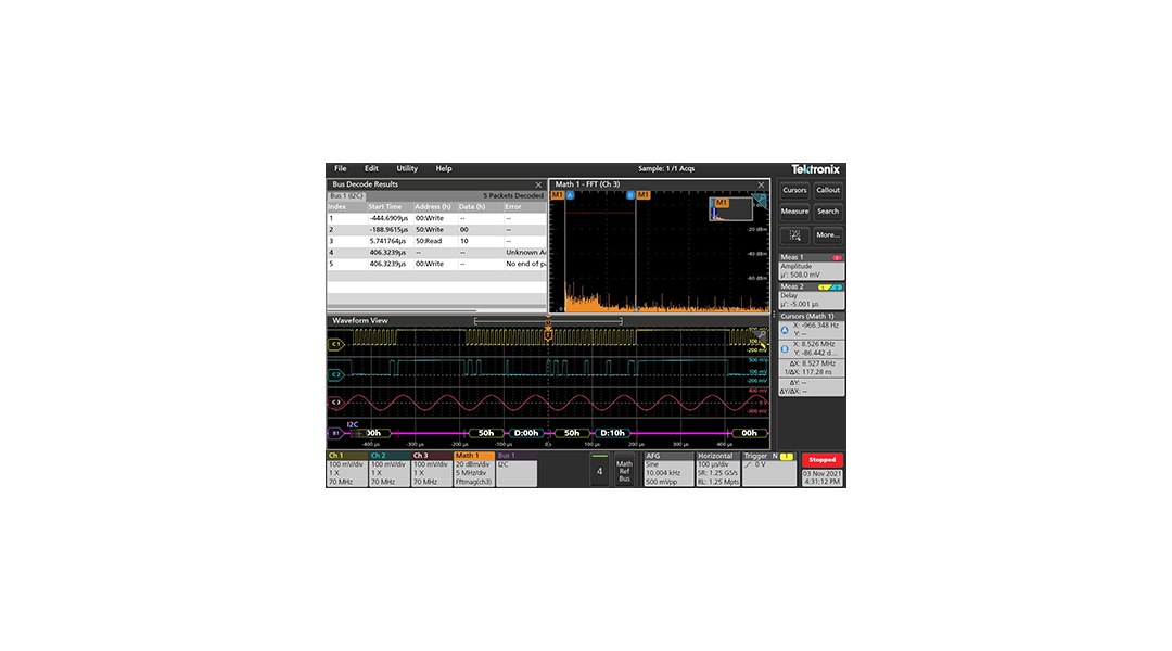 텍트로닉스 MSO24 I2C 시리얼 디코드 화면